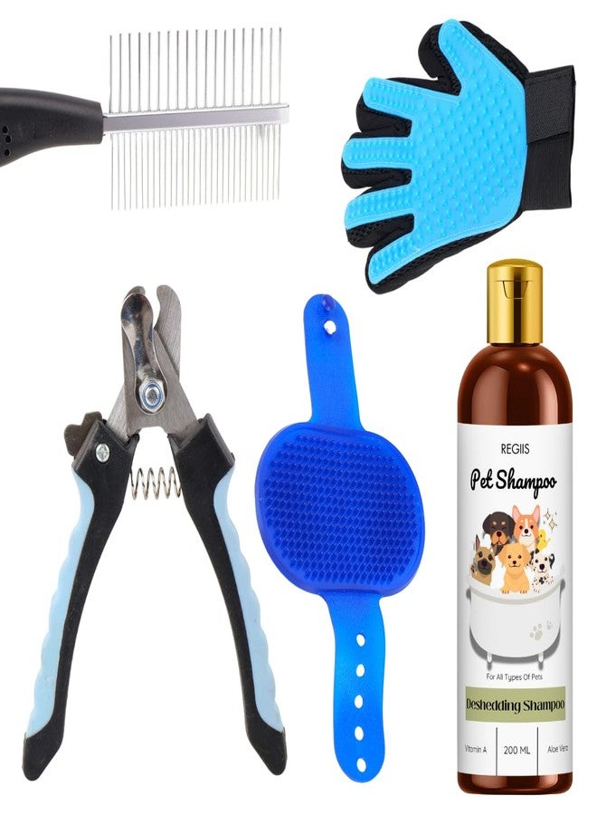 REGIIS Pet Grooming Kit with Deshedding Shampoo, Nail Clipper, Grooming Glove, Brush Comb Set for Dogs, Cats, All Types of Pets, 5 Piece Complete Care Set - Image 1